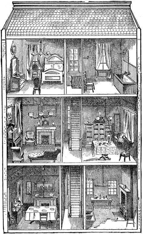 Doll house clip art. Image from Paul Bercy's "Simples Notions de Francais" (New York, NY: William R. Jenkins, 1894), courtesy the private collection of Roy Winkelman. House Cross Section Illustration, Dolls House Illustration, Doll House Illustration, Doll House Drawing, Dollhouse Illustration, House Cross Section, Dollhouse Drawing, Victorian Doll House, House Clipart