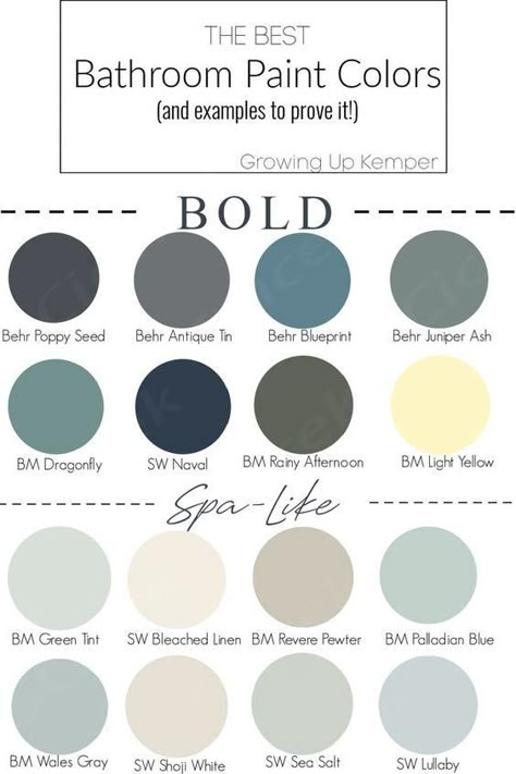 Bathroom Paint Colors // Bold Bathroom Paint Colors // Spa-Like Bathroom Paint Colors Muted Bathroom Colors, Monochromatic Bathroom Gray, Minimalist Bathroom Paint Colors, Washroom Paint Ideas, Fun Bathroom Paint Ideas, Restroom Color Ideas Paint, Masculine Bathroom Colors, Kids Bathroom Paint Colors, Bathroom Wall Color Ideas