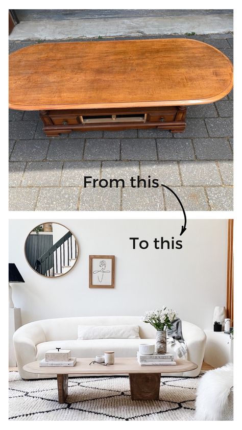 Before and after of oval wood coffee table makeover Restaining Wood Coffee Table, Lift Top Coffee Table Makeover, Diy Painting Coffee Table, Furniture Flip Coffee Table, Coffee Table Legs Diy, Diy Coffee Table Oval, Diy Mid Century Coffee Table, Diy Coffee Table Legs Ideas, Diy Coffee Table Modern