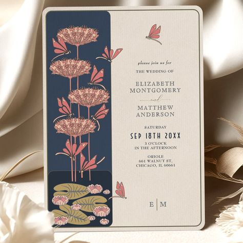 Embrace the spirit of romance and artistic expression with our 'Belle Epoque Art Nouveau Dragonfly Wedding Invitation'. Drawing inspiration from the Belle Epoque era, this card captures the exquisite and dynamic artistry of the Art Nouveau movement. A serene pond, framed by a melange of blooming flowers, becomes a dance floor for whimsical dragonflies, each detail painstakingly designed to embody the aesthetics of this artistic era. The Art Nouveau theme, with its celebration of nature, love, an Book Themed Wedding Invitations, Art Nouveau Theme, Dragonfly Wedding, Nouveau Wedding, Fishing Wedding, Light Blue Wedding, Blue Dragonfly, Fairy Wedding, Botanical Wedding