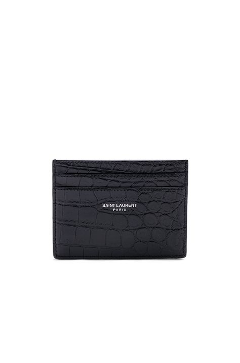 SAINT LAURENT SAINT LAURENT CROC LEATHER CARD CASE IN BLACK. #saintlaurent #bags #leather #animal print #lining Cardholder Aesthetic, Saint Laurent Card Holder, Ysl Card Holder, Leather Cardholder, Random Pict, Cute Wallets, Biker Jackets, Classic Card, What In My Bag