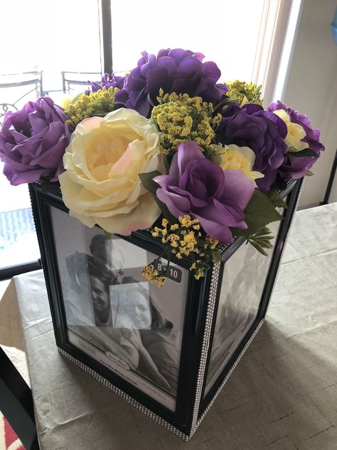 Shadow Box Centerpieces, Purple Centerpieces Birthday Diy, 80th Birthday Centerpieces For Grandma, Butterfly Graduation Party Ideas, Memorial Centerpieces, Vase With Pictures Centerpieces, Glass Vases Centerpieces With Pictures, Purple Celebration Of Life Decorations, Purple Memorial Ideas