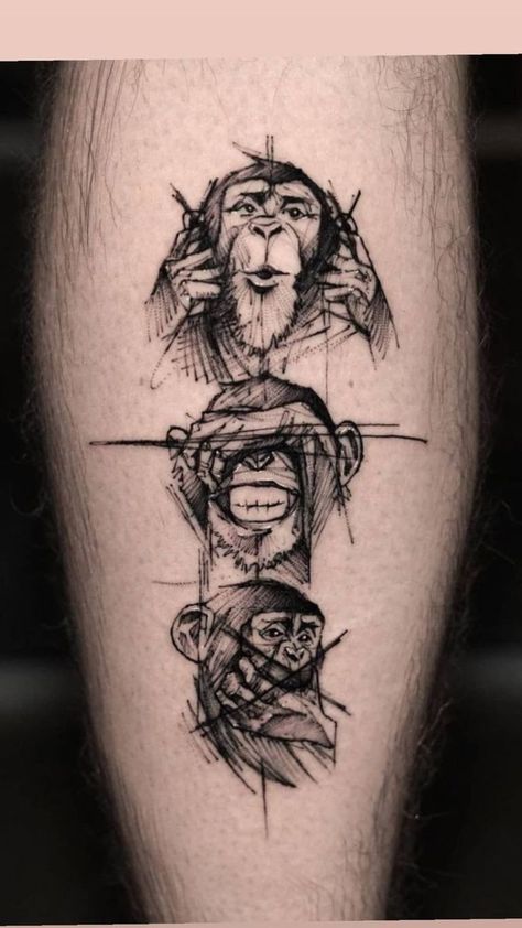 3 Wise Monkeys Tattoo Design, Geometric Monkey Tattoo, Tattoo Sholders Idea, Three Monkeys Tattoo, Monkey Tattoo Men, Ape Tattoos For Men, Trending Tattoos Men, Gorilla Tattoo For Women, Bansky Tattoos