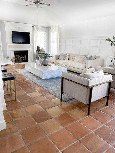 10 Colors That Work With Saltillo Tile | Hunker Saltillo Tile Living Room, Saltillo Tile Kitchen, Spanish Floor Tile, Mexican Tile Floor, Saltillo Tile Floor, Sophisticated Living Room, Tiles Living Room, Tile Floor Living Room, Spanish Home Decor