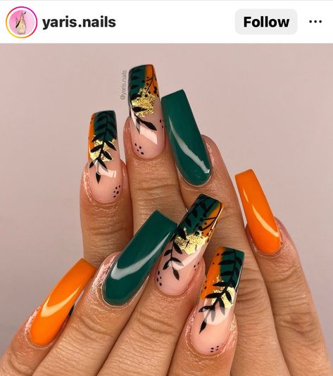 Overlay Manicure, Fall Nails Gold, Orange Chrome Nails, Nail Art Abstract, Orange Nail Design, Long Nails Coffin, Nails Emerald, Manicure Gel Nails, Nail Inspo Trendy