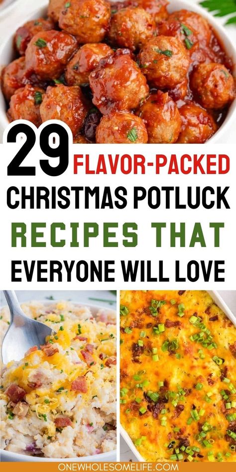 collage of christmas potluck recipes. On My Kids Plate Recipes, Top Potluck Dishes, Dish Ideas For Party, Potluck Supper Ideas, Bbq For Christmas, Easy Dinner For Entertaining, Main Courses For A Crowd, Best Potluck Main Dishes, Easy Holiday Main Dish