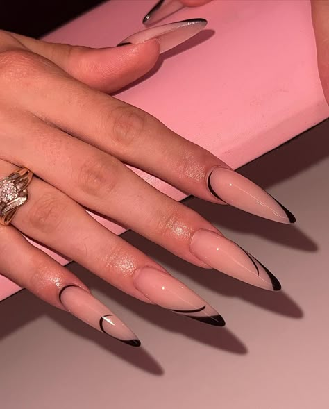 Nails Women, Gel Nails Stiletto, Sharp Almond Acrylic Nails, Long Almond Nails Designs Classy, Long Almond Acrylic Nails Designs, Long Almond, Stiletto Nails Black French Tip, Almond Nail Inspiration, Long Nails Ideas