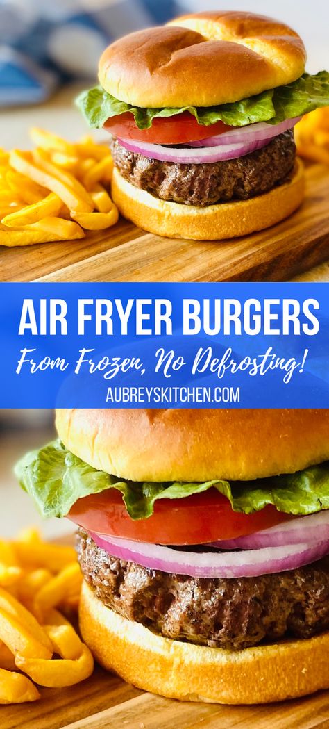 Hamburger with lettuce tomato and onion on a wood board Air Fryer Burgers, Bison Burger Recipe, Homemade Beef Burgers, Air Fryer French Fries, Bison Burgers, Bbq Burgers, Cookie Rookie, Easy Air Fryer, Air Fryer Dinner Recipes