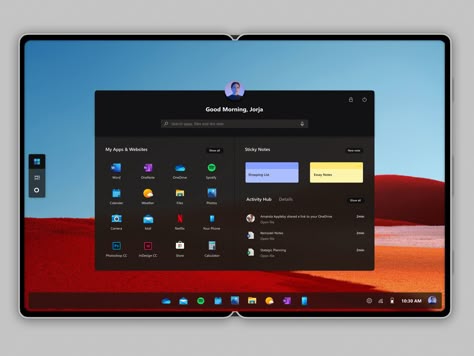 Windows 10x for foldable devices by Cage Ata Windows 11 Desktop Ideas, Desktop Homescreen, Smartphone Design, Control Tower, Budget App, Planning App, Ux Inspiration, App Interface Design, Ui Components