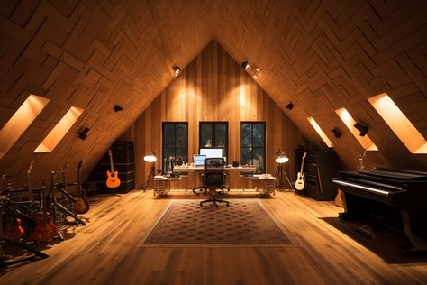 Attic Recording Studio, Wood Music Studio, Music Venue Interior, Music Studio Lighting, Recording Studio Architecture, Old Farmhouse Remodel, Analog Music Studio, Garage Studio, Home Studio Setup