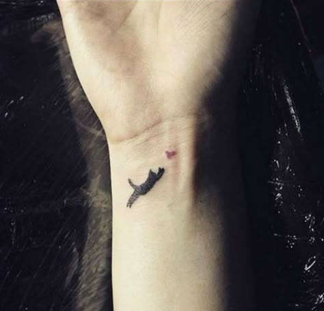 54 cat tattoos that will make you want to get inked: Mini leaping cat tattoo Semicolon Wrist Tattoo, Tiny Cat Tattoo, Cat Silhouette Tattoos, Cat Tattoo Simple, Black Cat Tattoos, Cat Tat, Silhouette Tattoos, Cat Tattoos, Tattoo Collection