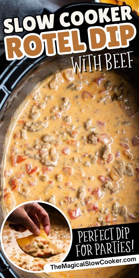 Make Rotel Dip in your slow cooker with Velveeta, ground beef and 2 cans of Rotel Tomatoes. Perfect dip for parties and gameday. - The Magical Slow Cooker Party Snacks Crockpot, Velveeta Dip With Ground Beef, Beef Velveeta Cheese Dip, Rotel Dip In Crock Pot, Hamburger Queso Dip Crock Pots, Rotel Dip With Chorizo, Crockpot Velveeta Queso, Crock Pot Queso Dip Velveeta, Rotel Dip With Ground Beef Cream Cheese