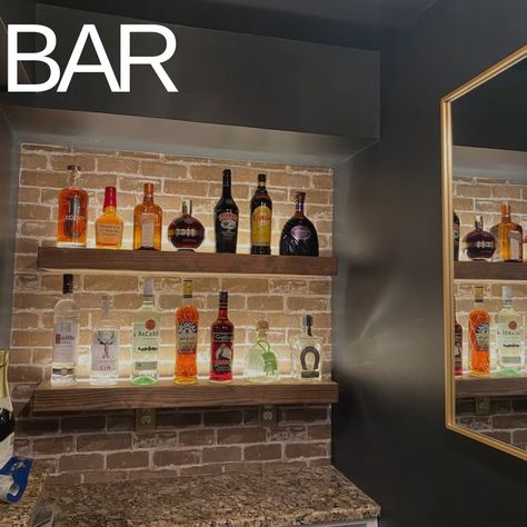 For your bar, bathroom, living room, kitchen, or any other space in your home… we got you! Check out some of our fav #shelfies from our customers! 🤩 Where will you put your new floating shelves? #shelfstyling #interiordecor #lyonscrafted Bar With Brick Wall, Brick Wall Bar, Custom Floating Shelves, Lounge Living Room, Wall Moulding, Bar Bathroom, Home Bar Designs, Bar Designs, Hanging Bar