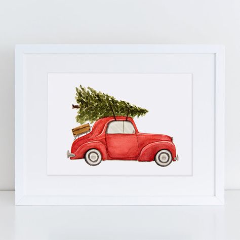 Christmas Tree Watercolor, Vintage Truck Christmas, Driving Home For Christmas, Watercolor Fine Art, New Year Art, Tree Watercolor, Christmas Car, Christmas Painting, Color Pictures