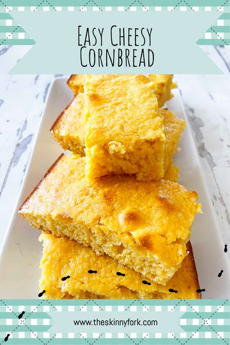 This Easy Cheesy Cornbread is a 3, 2, 1 recipe that takes no time at all to throw together and it's SO delicious. Perfect as a side to chili or to enjoy all on its own! TheSkinnyFork.com | Skinny & Healthy Recipes Cheez Whiz Cornbread, Cheesy Cornbread Jiffy, Cheesy Cornbread Recipe, Classic Cornbread, Jiffy Cornbread Recipes, Cheesy Cornbread, Cheez Whiz, Cheese Whiz, Jiffy Cornbread