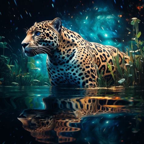 "Night's Mystical Oasis: A Jaguar's Serene Drink under Starlit Skies" Cosmic Jaguar, Cosmic Art, Cat Drinking, Snow Leopard, Drinking Water, Big Cats, Spirit Animal, Jaguar, Starry Night