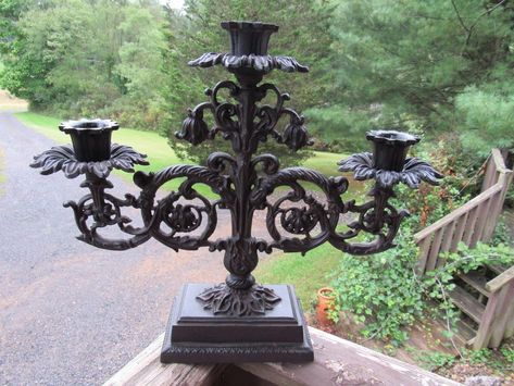 Antique Vintage Cast Iron Triple Candelabra Candle Holder Art Nouveau Gothic | #1943626143 Miniature Fox Terrier, Antique Candelabras, Spanish Furniture, Gothic Images, Candle Candelabra, Metal Candelabra, Roman Statue, Cast Art, Candle Altar