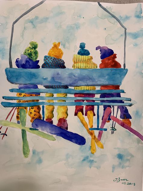 Ski n snowboard kids on lift. Watercolor People Skiing, Paintings Of People, Skiing Art, Ski Art, King City, Ski Posters, Ski Lift, Winter Art, Snowboards