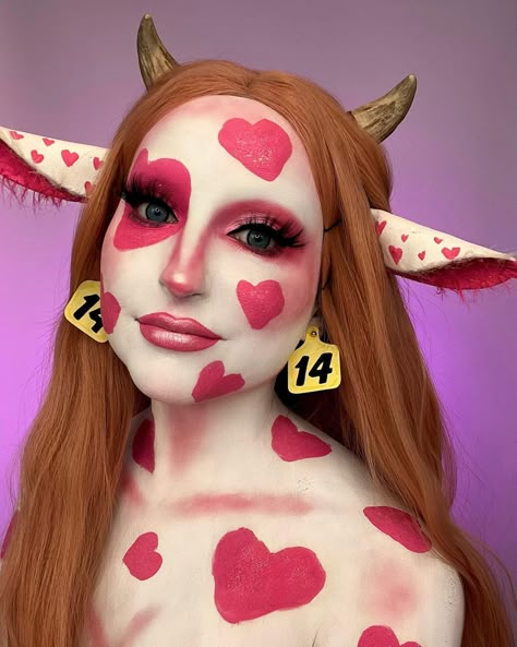 Pink Cow Makeup Look, Artist Makeup Ideas, Pink Cow Makeup, Valentines Day Face Paint, Cow Makeup Look, Athena Painting, Cow Make Up, Cow Print Makeup, Valentines Content