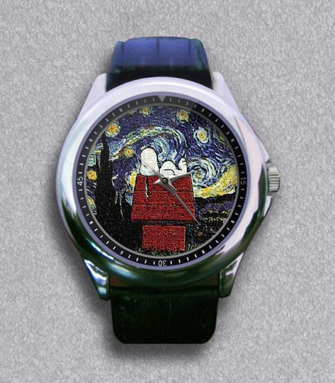 New Peanuts Snoopy Van Gogh Starry Night Leather Wrist Watch Weird Watches, Merry Christmas Charlie Brown, Snoopy Merchandise, Weird Watch, Snoopy Watch, Disney Character Makeup, Hand Lettering Worksheet, Snoopy T Shirt, Wrist Accessories