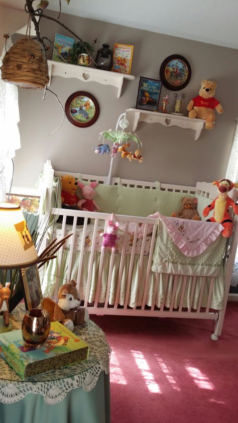 Winny The Pooh Baby Nursery, Girly Winnie The Pooh Nursery, Winne The Pooh Nursery Decor, Pink Winnie The Pooh Nursery, Whinny The Pooh Nursery Ideas, 2000s Nursery, Winnie The Pooh Bedroom Ideas, Nursery Ideas Winnie The Pooh, 90s Nursery