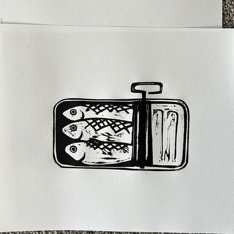 Can Of Sardines Illustration, Marmalade Jar Tattoo, Tin Fish Drawing, Tinned Fish Drawing, Sardine Tin Tattoo, Can Of Sardines Tattoo, Tin Fish Tattoo, Sardine Doodle, Linocut Art Ideas Easy