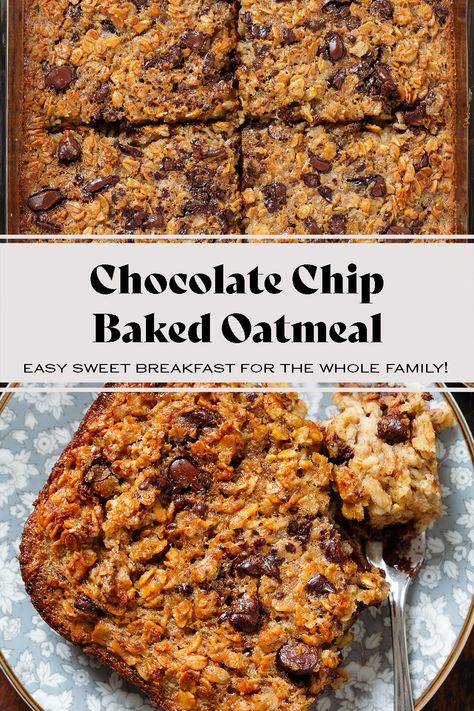 This Chocolate Chip Baked Oatmeal is an easy sweet breakfast or brunch, perfect for the whole family! You can make it ahead as meal prep and it's perfect for a crowd! The baked oats are crispy and caramelized on the outside and soft and chewy on the inside with pockets of melted dark chocolate. It's simple, easy to make, and freezer-friendly! Chocolate Chip Baked Oatmeal, English Muffin Bread Recipe, Baked Apple Oatmeal, Cinnamon Simple Syrup, Caramel Rolls, Freezable Meals, Baked Apple Pie, Apples And Cheese, Breakfast Pastries