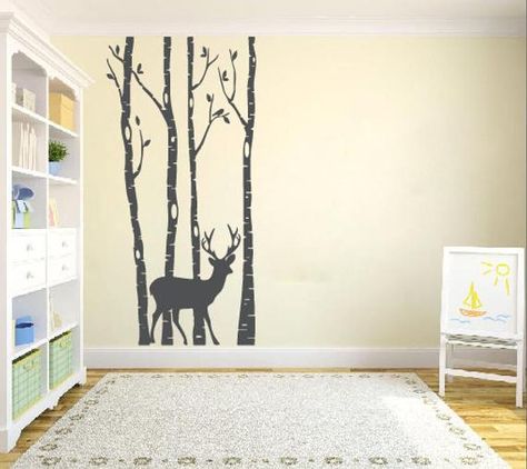 Deer Bedroom Ideas, Tree Wall Decal Living Room, Deer Bedroom, Autumn Nursery, Birch Tree Wall Decal, Wall Decal Living Room, Mountains Nursery, Forest Wall Decals, Nursery Forest