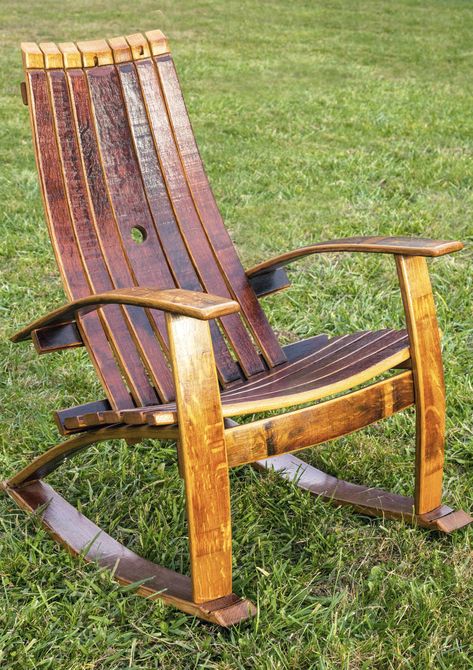 Oak Barrel Furniture, Wine Barrel Diy, Bourbon Barrel Decor, Wine Barrel Art, Wine Barrel Chairs, Whiskey Barrel Ideas, Wine Barrel Crafts, Barrel Crafts, Diy Rocking Chair