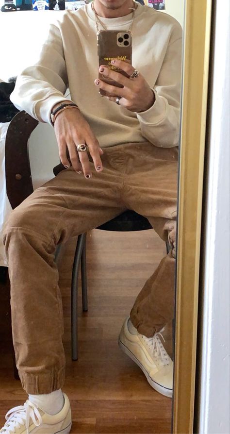 Corduroy Aesthetic Men, Brown Corduroy Outfit Men, Corduroyed Pants Outfits, Styling Brown Pants Men, Corduroy Pants Outfit Mens Streetwear, Style Brown Pants Man, Brown Cream Outfit Men, Tan Shirt Outfit Men Streetwear, Cream Vans Outfit