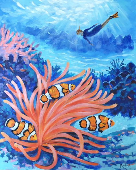 Coral Reef Painting Easy, Coral Painting Easy, Coral Painting Acrylic, Coral Reef Painting Acrylics, Under The Sea Painting Easy, Sealife Paintings, Clownfish Drawing, Clownfish Painting, Ocean Painting Easy