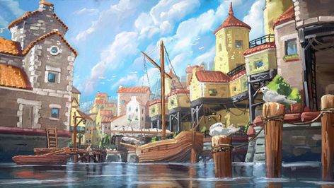 Port Nyanzaru, Town Concept Art, Pirates Illustration, Harbor Town, Fantasy Kingdom, Corel Painter, Concept Art Tutorial, Forgotten Realms, Greek Culture