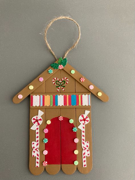 Popsicle Stick Gnome Ornament, Gingerbread Popsicle Stick Ornament, Holiday Popsicle Stick Crafts, Xmas Popsicle Stick Crafts, Popsicle Stick House Ornament, Lollipop Stick Christmas Decorations, Popsicle Stick Winter Crafts, Easy Popsicle Stick Christmas Crafts, Popcical Craft Christmas