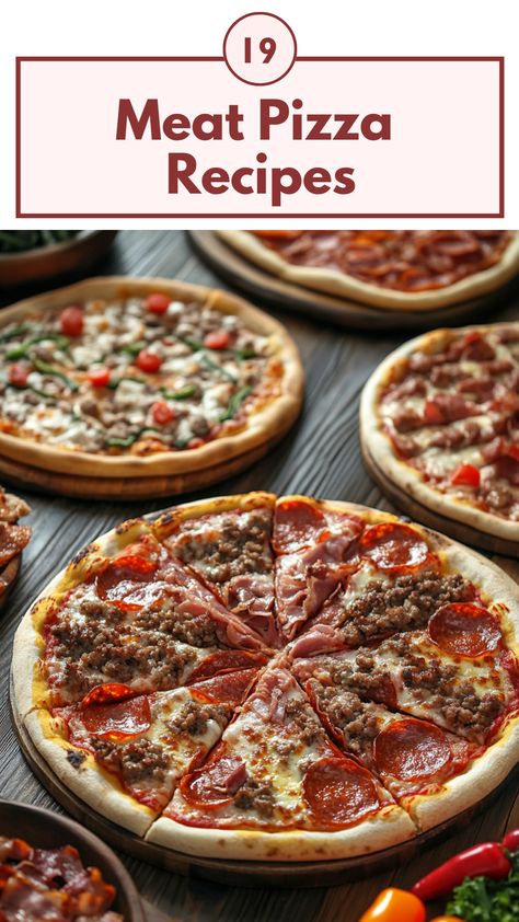 A variety of delicious meat pizzas with toppings like pepperoni, sausage, and bacon on a wooden table, ready to be enjoyed. Recipes For Meat Lovers, Meat Pizza Recipes, Sausage And Bacon, Gourmet Sausage, Pizza Gourmet, Delicious Pizza Recipes, Meat Pizza, Meat Lovers Pizza, Pizza Crusts