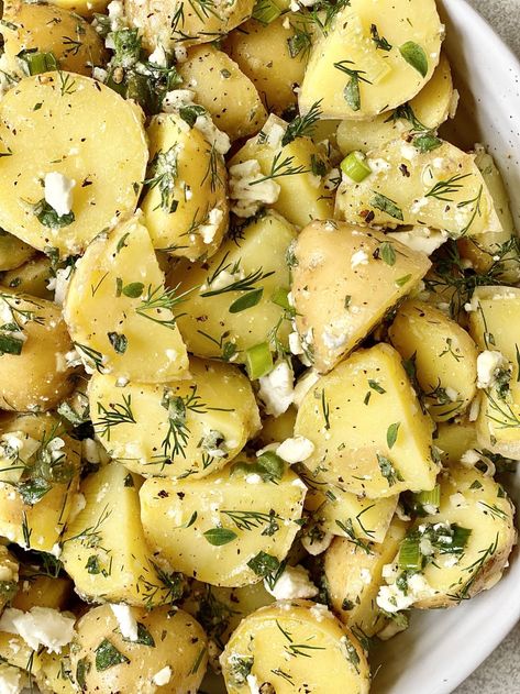 bowl of potatoes, potato chunks, dill, feta cheese crumbles Greek Veggies, Greek Potato Salad, Delish Dinners, Loaded Potatoes, Potatoe Recipes, Potatoe Salad, Potato Salads, Recipe Potato, Recipes Salads