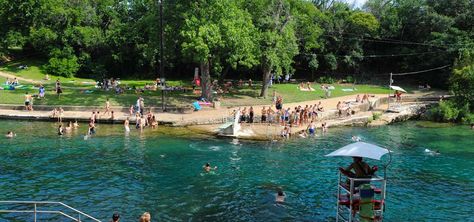 Barton Springs Pool is a man-made recreational swimming pool located on the grounds of Zilker Park in Austin, Texas. The pool exists in the channel of Barton Creek and is filled by water from Main Barton Spring, the fourth largest spring in Texas. The pool is a popular venue for year-round swimming, as its temperature maintains a narrow range from about 68 °F (20 °C) in the winter to about 71.6 °F (22.0 °C) in the summer.  The current admission fee is $3 for adults, $2 for ages 12–17, $1 for ... Austin With Kids, Austin Bachelorette, Visit Austin, Zilker Park, Lady Bird Lake, Barton Springs, Swimming Holes, Texas Hill Country, Travel Sites