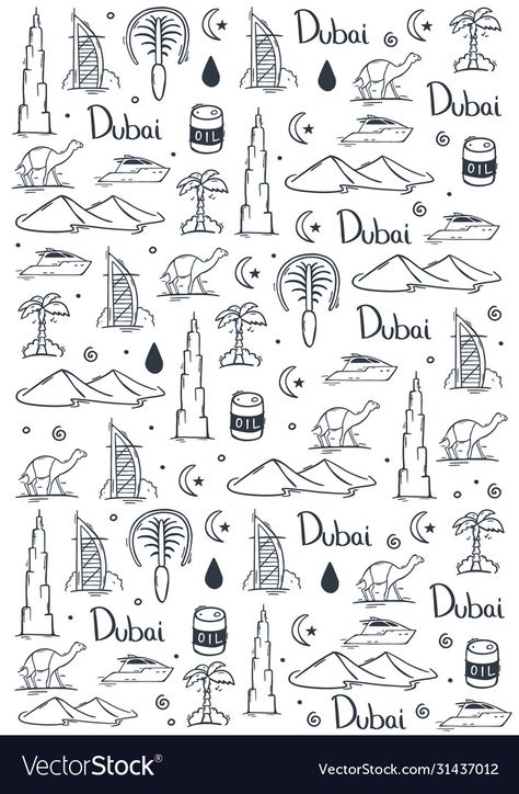 Dubai Doodle, Dubai Drawing, Doodles Travel, Travel To Dubai, Uae Travel, Travel Doodles, Doodle Background, Draw Doodle, Dubai Travel