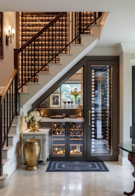 Staircase Storage Under Stairs Wine Display Under Stairs, Wine Room Under Staircase, Understair Wine Room, Under The Stairs Bar Ideas, Under The Stairs Wine Storage, Wine Staircase, Under The Stairs Wine Cellar, Cellar Under Staircase, Under Stair Wine Storage