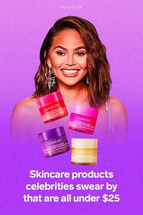 Image of Chrissy Teigen with four bottles of Laneige hovering over her. Headline reads, "Skincare products celebrities swear by that are all under $25." Celebrity Skincare, Dermalogica Precleanse, Hyaluronic Acid Lips, Skincare Masks, Caudalie Beauty Elixir, Celebrity Skin Care, Skincare Items, Mario Badescu Facial Spray, Beauty And Skin Care