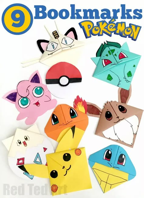 9 Pokemon Bookmark Corner Designs - Pokemon Go DIY - Red Ted Art - Kids Crafts Pokemon Kids Craft, Diy Pokemon Crafts, Bookmark Corners, Pokemon Bookmark, Easy Pokemon, Pikachu Pikachu, Pokemon Diy, Origami Bookmark, Pokemon Craft