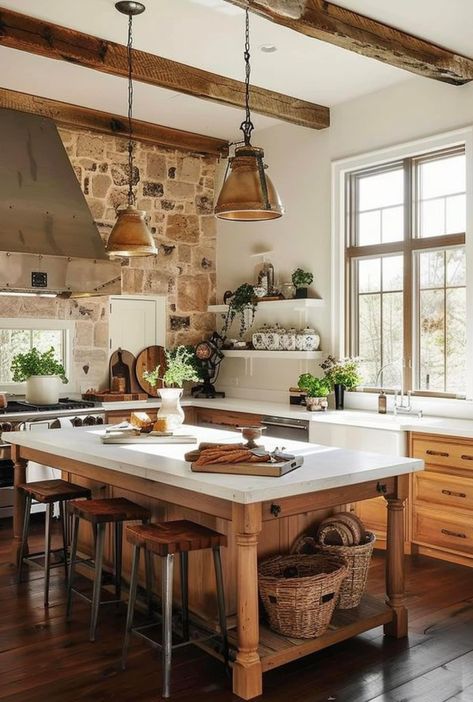 Irish Farmhouse Kitchen, Timber Kitchen Island, Range In Island Kitchen, Island Bar Design, Cottage Kitchen Island, Farmhouse Island Kitchen, Country Kitchen Ideas Farmhouse Style, Rustic Kitchen Island Ideas, Fishing Cottage