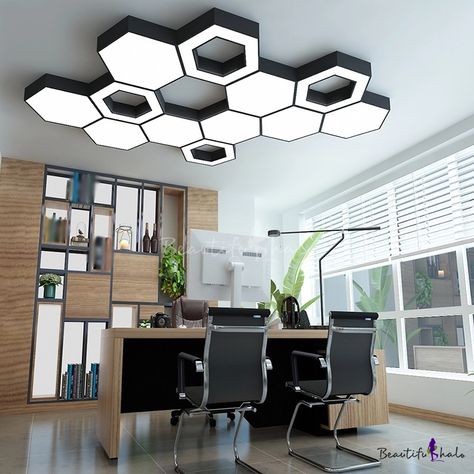 Nordic Hexagon Flush Light Fixture Acrylic Office LED Ceiling Mount Lighting in Black, 18 Light For Office, Black Flush Mount Light, Acrylic Led, Industrial Modern, Led Ceiling Lamp, False Ceiling Design, Office Lighting, Semi Flush Mount Lighting, Modern Ceiling