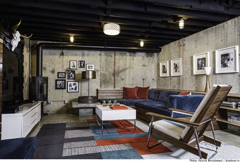 Basement design by Arciform's Anne De Wolf. Concrete Basement Walls, Low Ceiling Basement, Basement Lighting, Modern Basement, Floor Renovation, Basement Living Rooms, Diy Basement, Basement Makeover, Basement Ceiling