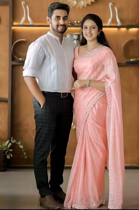 Wedding Matching Outfits, South Indian Wedding Saree, Engagement Saree, Indian Wedding Saree, Groom Dress Men, Couple Matching Outfits, Couple Wedding Dress, Simple Saree Designs, Saree Looks