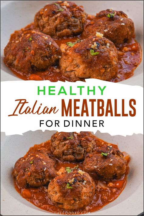 Image of Healthy Italian Meatballs served in a white bowl. The meatballs are tender and flavorful, made with lean ingredients, and coated in a rich tomato sauce. Garnished with fresh parsley and a sprinkle of Parmesan cheese, this wholesome recipe is perfect for a nutritious and satisfying dinner. Healthy Beef Meatballs, Italian Meatball Recipes, Best Meatballs Ever, Meatballs For Dinner, Baked Ravioli Casserole, Cozy Soup Recipes, Ravioli Casserole, Baked Ravioli, Shrimp Scampi Pasta