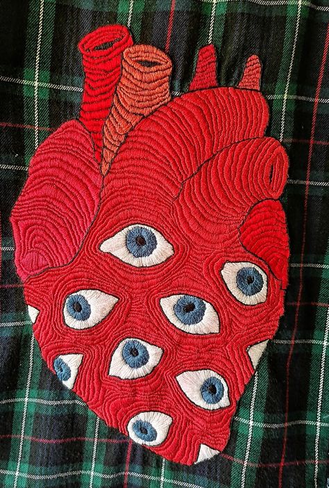 Heart With Eyes Drawing, Eyeball Embroidery, Heart Eyes Tattoo, Heart Eye Tattoo, Weird Embroidery, Anatomical Heart Embroidery, Crochet Top Free Pattern, Embroidery Eyes, Crochet A Heart