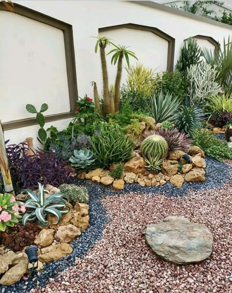 Raised Cactus Garden Bed, Xeriscape For Beginners, Outdoor Cactus Garden Landscaping, No Water Backyard, Small Desert Garden Ideas, Succulent Cactus Garden, Succulent Garden Outdoor Front Yards, Backyard Succulent Landscaping, Succulent Gardens Outdoor