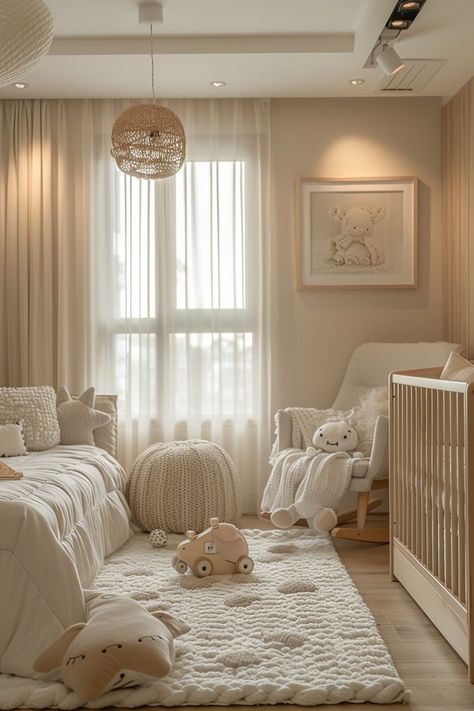 Nursery Room With Bed, Baby Room With Parents, Nursery Ideas In Parents Room, Baby Room In Parents Room, Nursery And Bedroom Combined, Beige Nursery Ideas, Beige Baby Nursery, Baby Nursery In Parents Room, Baby Room Layout Ideas