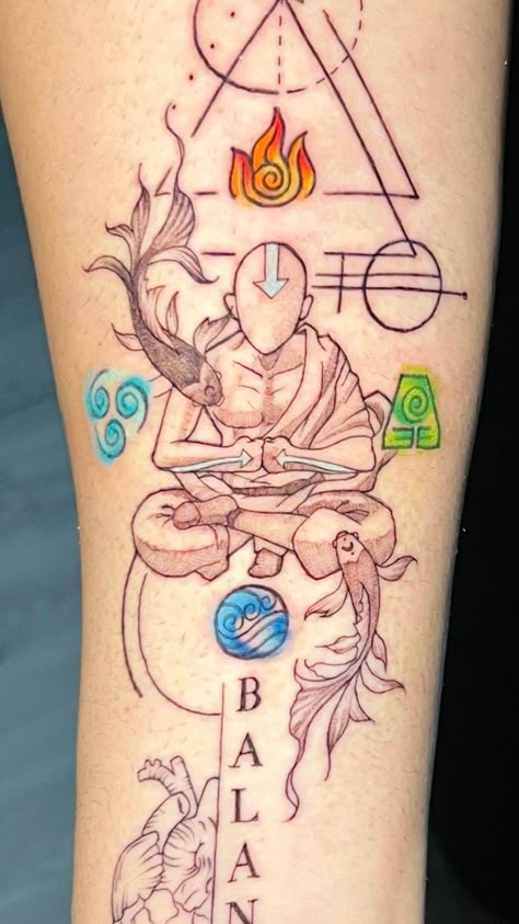 Avatar Aang Meditating Tattoo, Aang Avatar State Tattoo, The Last Avatar Tattoo, Avatar Symbols Tattoo, Legend Of Korra Tattoo Ideas, Atla Dragons Tattoo, Avatar Korra Tattoo, Avatar Tattoo Ideas The Last Airbender, Avatar Aang Tattoos