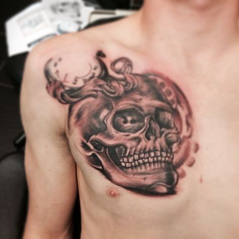 #skull #chest #tattoo by Glen Hartless. Skull Chest Tattoo Men, Skull Tattoo Chest, Skull Chest Tattoo, Drum Tattoo, Chest Piece Tattoos, Chest Tattoo Men, Chest Piece, Skull Tattoos, Chest Tattoo